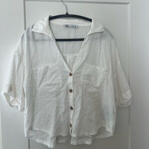 Zara White Cuffed Sleeve Button Down Shirt